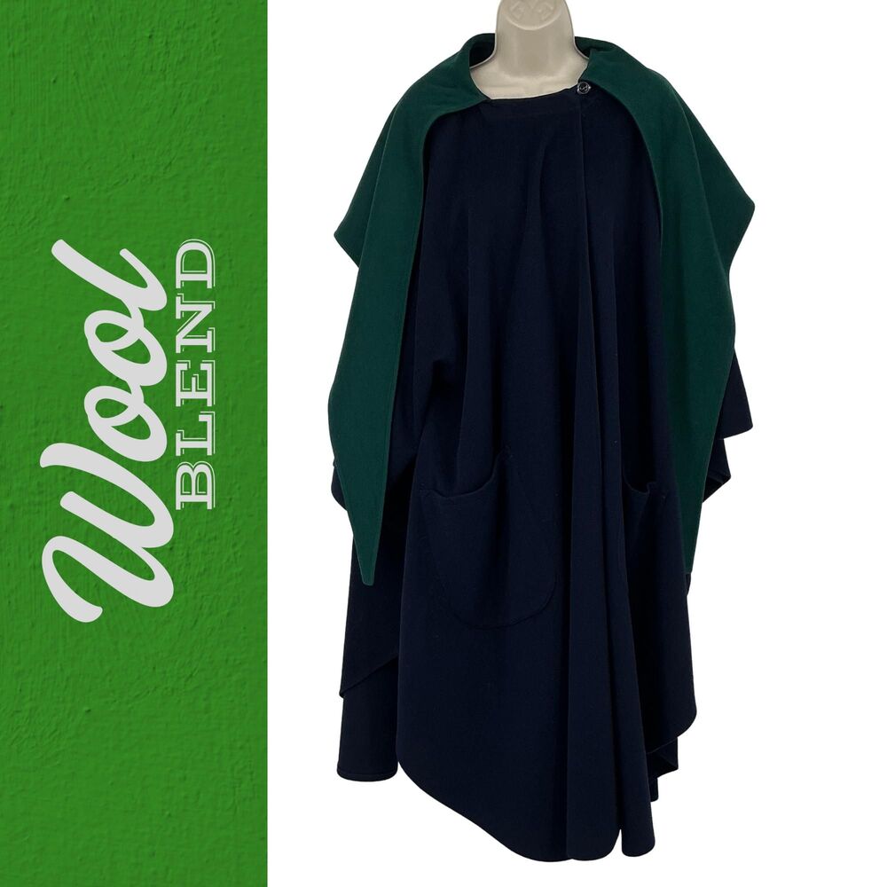 Vintage Hourihan of Dublin Wool Hooded Cape Navy & Green| Irish | Costume